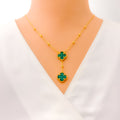 Ornate Dangling 21k Gold Malachite Clover Necklace Set 