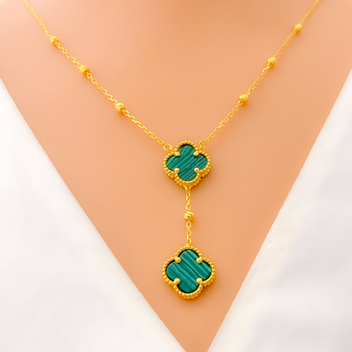 Ornate Dangling 21k Gold Malachite Clover Necklace Set 