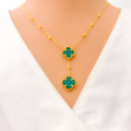 Ornate Dangling 21k Gold Malachite Clover Necklace Set 