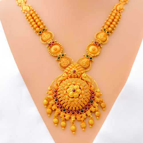 Vibrant Bright Floral 22k Gold Antique Long Necklace