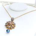 Distinctive Embellished Floral 18K Gold + Diamond Pendant Set 