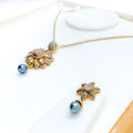 Distinctive Embellished Floral 18K Gold + Diamond Pendant Set 