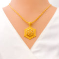 Elevated Floral Hexagon 22k Gold Pendant Set 