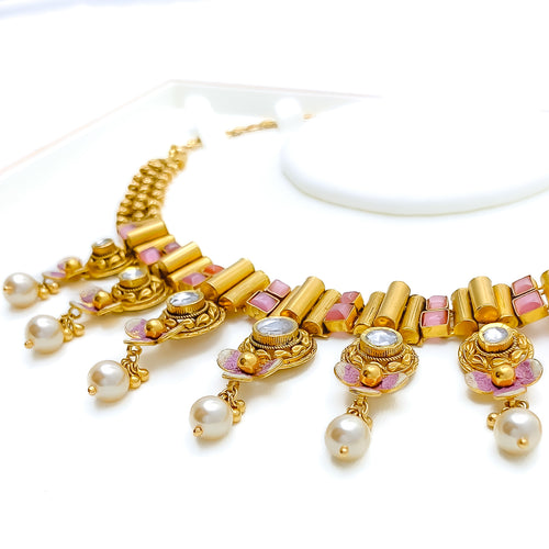 Magnificent Floral Pearl Drop 22k Gold Necklace Set 