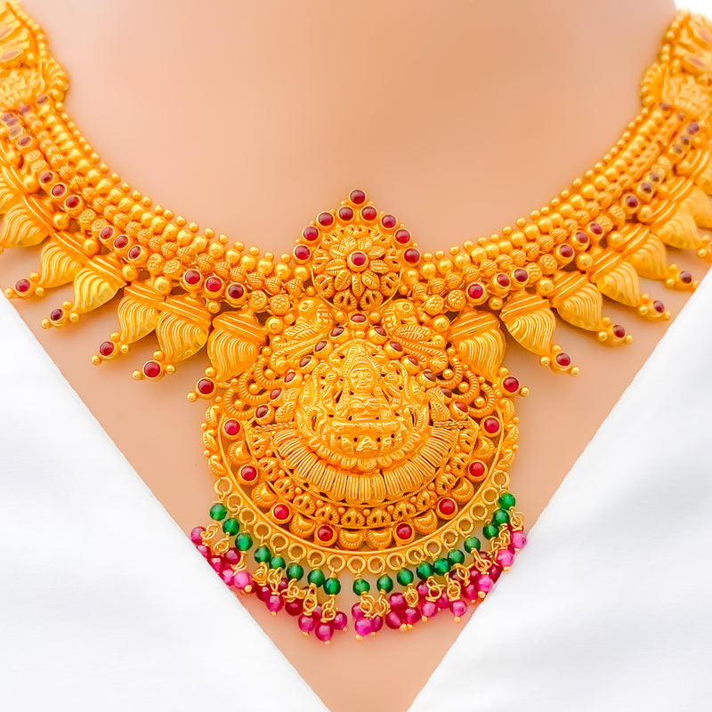 Extravagant Dangling Beaded Antique 22k Gold Laxmi Necklace