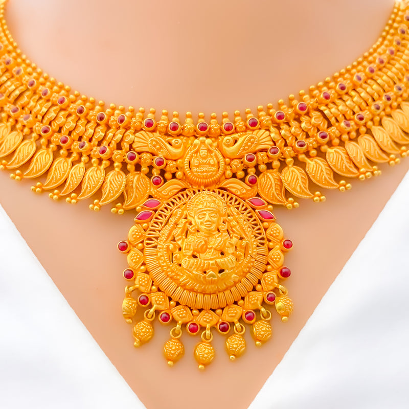 Antique Leaf Adorned 22k Gold Maha Laxmi Necklace