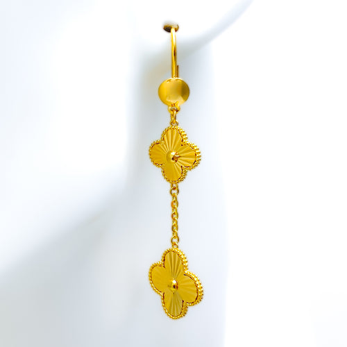 Trendy Dazzling 21k Gold Clover Hanging Earrings 