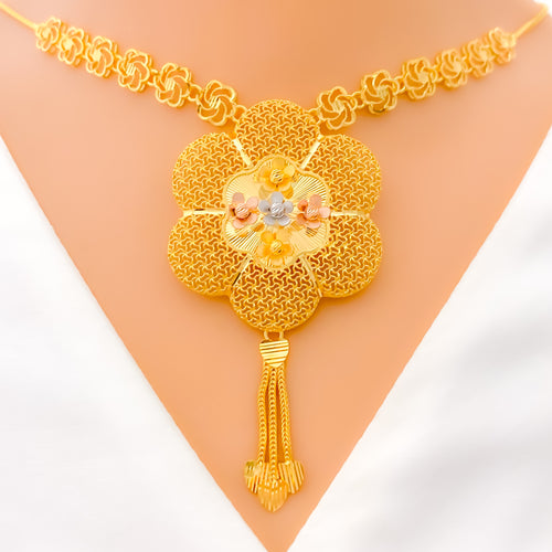 Netted Dome Flower 22k Gold Necklace Set 