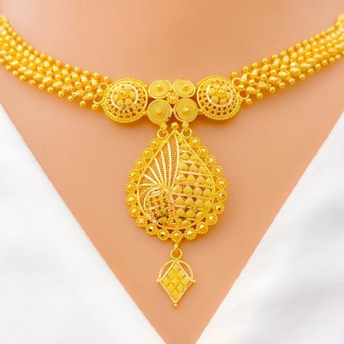 Traditional Netted Drop 22k Gold Necklace Set
