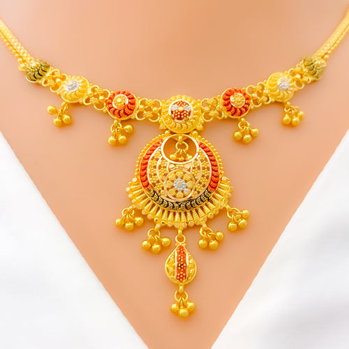 Vibrant Hanging Tassel 22k Gold Chand Necklace Set