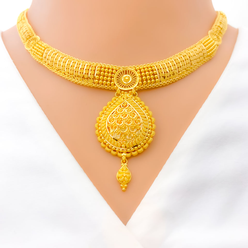 Reflective Domed Drop 22k Gold Necklace Set – Andaaz Jewelers