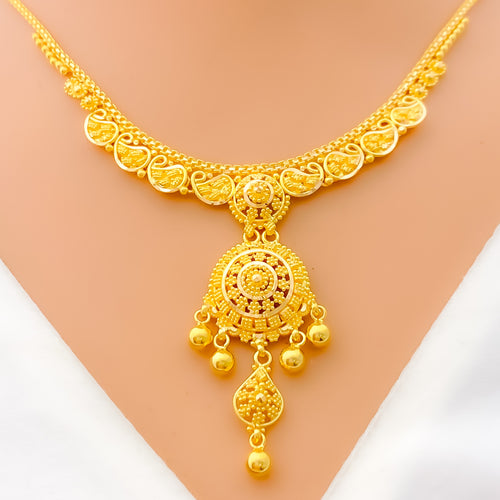 Paisley Adorned Dangling Tassel 22k Gold Necklace Set 