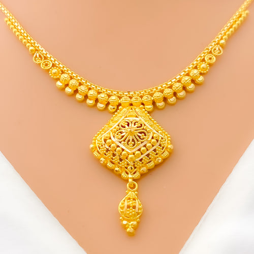 Upscale Beaded Flower 22k Gold Necklace Set 