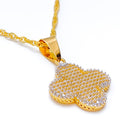 Opulent Sparkling Clover 21k Gold Reversable CZ Pendant W/Chain