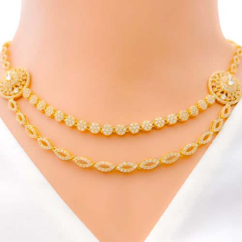 Unique Dressy Dual Layered 22k Gold CZ Necklace Set 