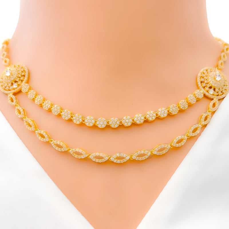 Unique Dressy Dual Layered 22k Gold CZ Necklace Set 