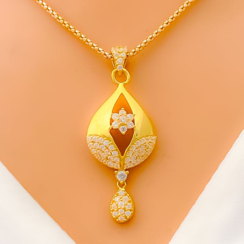 Unique Leaf Drop 22k Gold CZ Pendant Set 