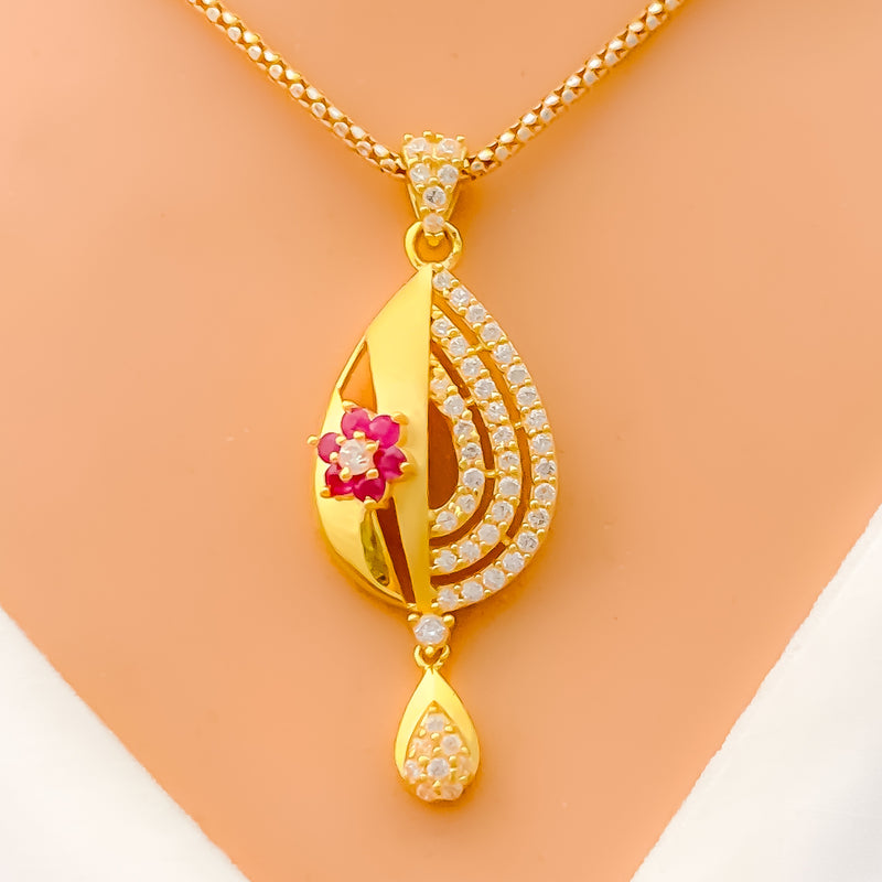 Shimmering Asymmetrical Drop 22k Gold CZ Pendant Set 