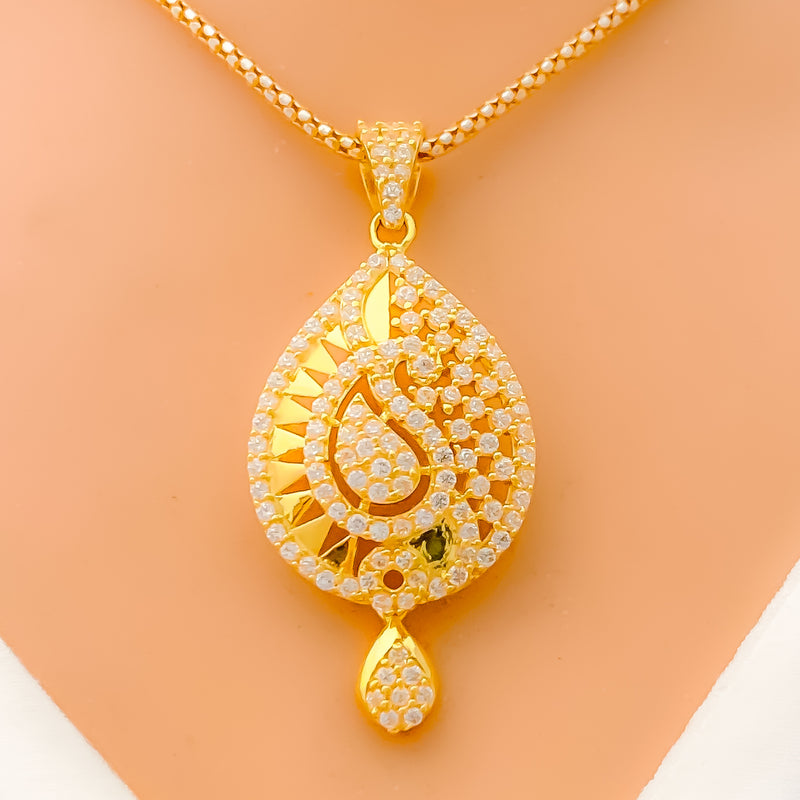 Dazzling Paisley Adorned 22k Gold CZ Pendant Set 