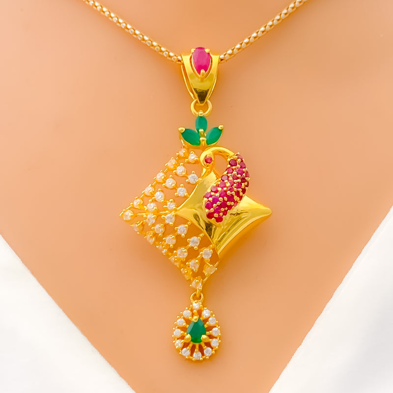 Extravagant Asymmetrical 22k Gold Peacock CZ Pendant