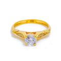 Glossy Leaf Adorned CZ Solitaire 22k Gold Ring