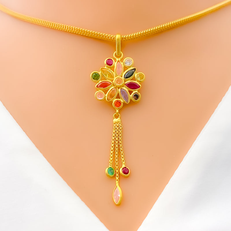 Sophisticated Rangoli Flower 22k Gold CZ Pendant Set 