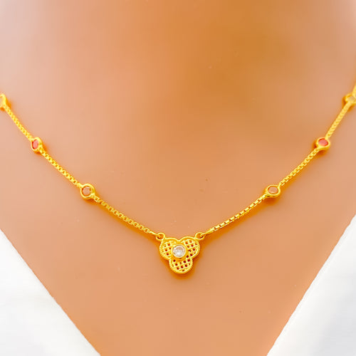 Dainty Dotted Clover 22k Gold CZ Necklace 