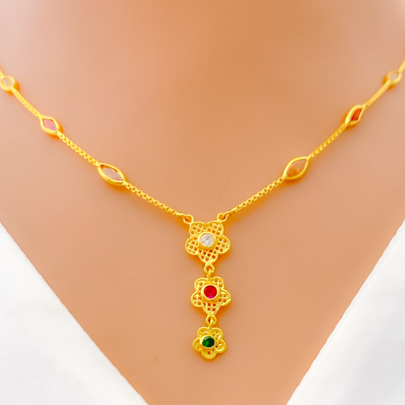 Textured Floral 22k Gold CZ Necklace 