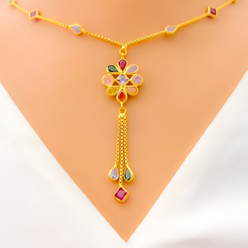 Dangling Three Chain Floral CZ 22k Gold Necklace