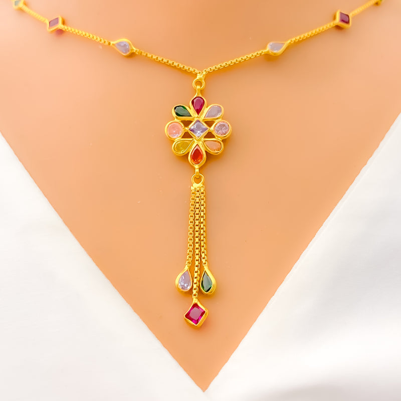 Dangling Three Chain Floral CZ 22k Gold Necklace