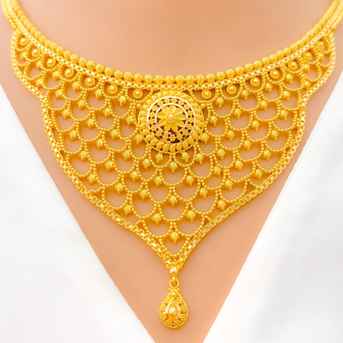 Extravagant Floral Jali 22k Gold Necklace Set 