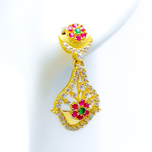 Vibrant Floral Bouquet 22k Gold CZ Hanging Earrings 