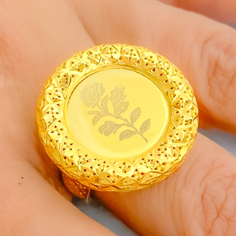 Ethereal Round Floral 21K Gold Coin Ring 