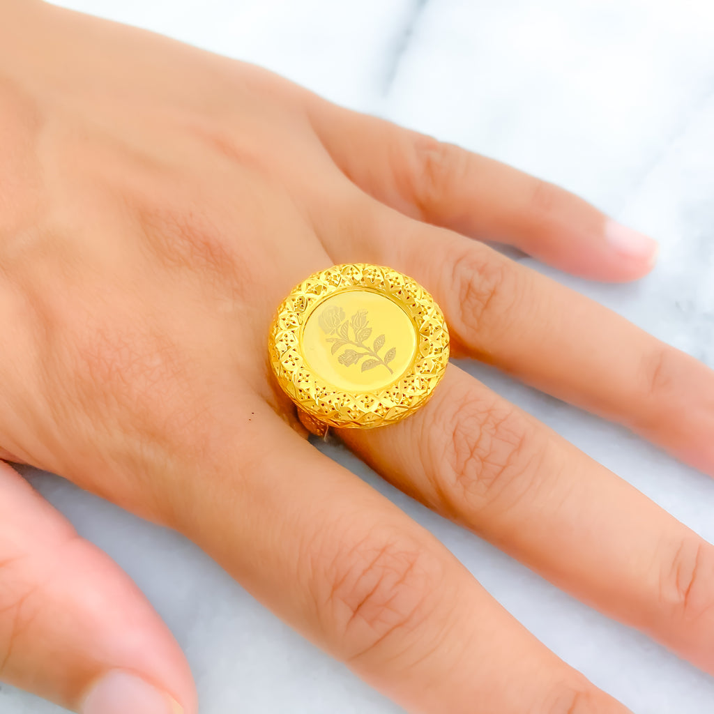 Ethereal Round Floral 21K Gold Coin Ring – Andaaz Jewelers