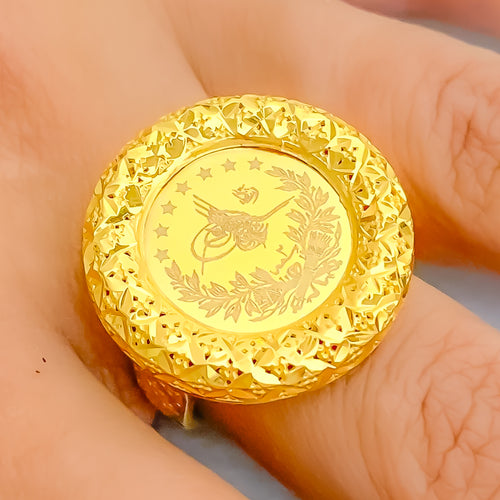Striking Stylish Round 21K Gold Coin Ring 