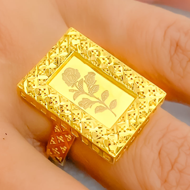 Sparkling Floral Geometric 21K Gold Coin Ring 