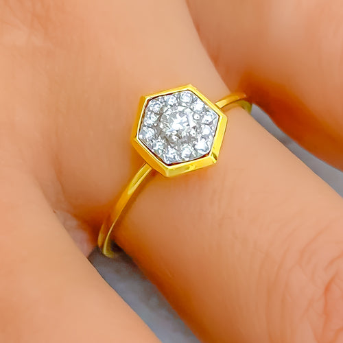Trendy Hexagon 18k Gold + Diamond Ring 