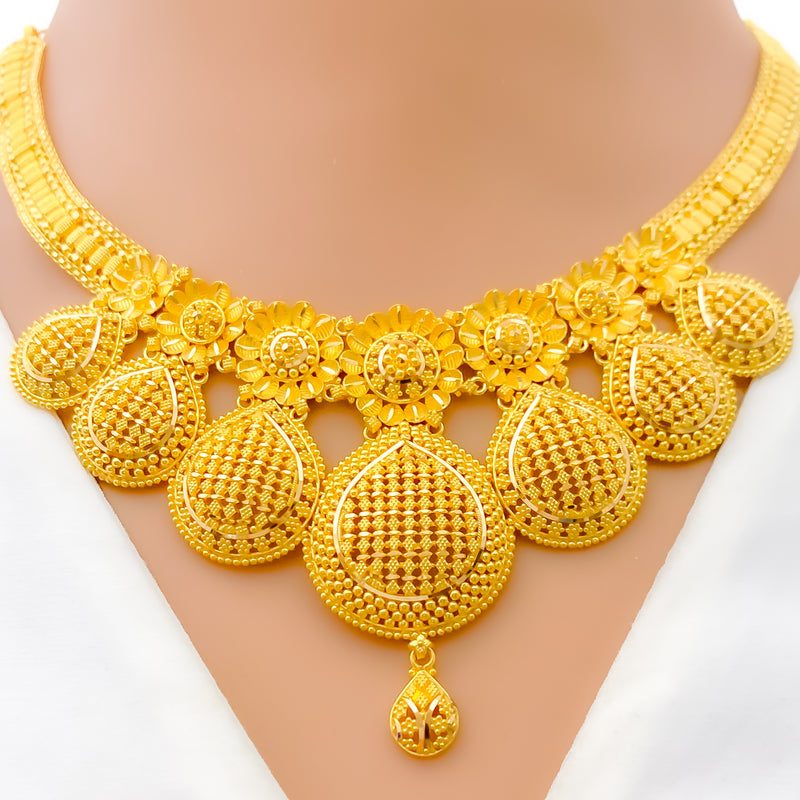 Majestic Netted Floral Drop 22k Gold Necklace Set