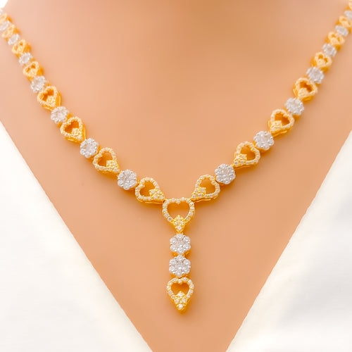 Refined Charming Floral Heart 22k Gold CZ Necklace Set 