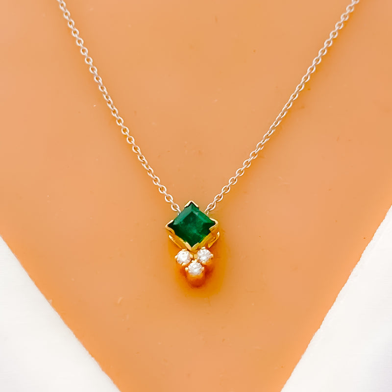 Delicate Geometric Emerald + 18k Gold Diamond Pendant Set