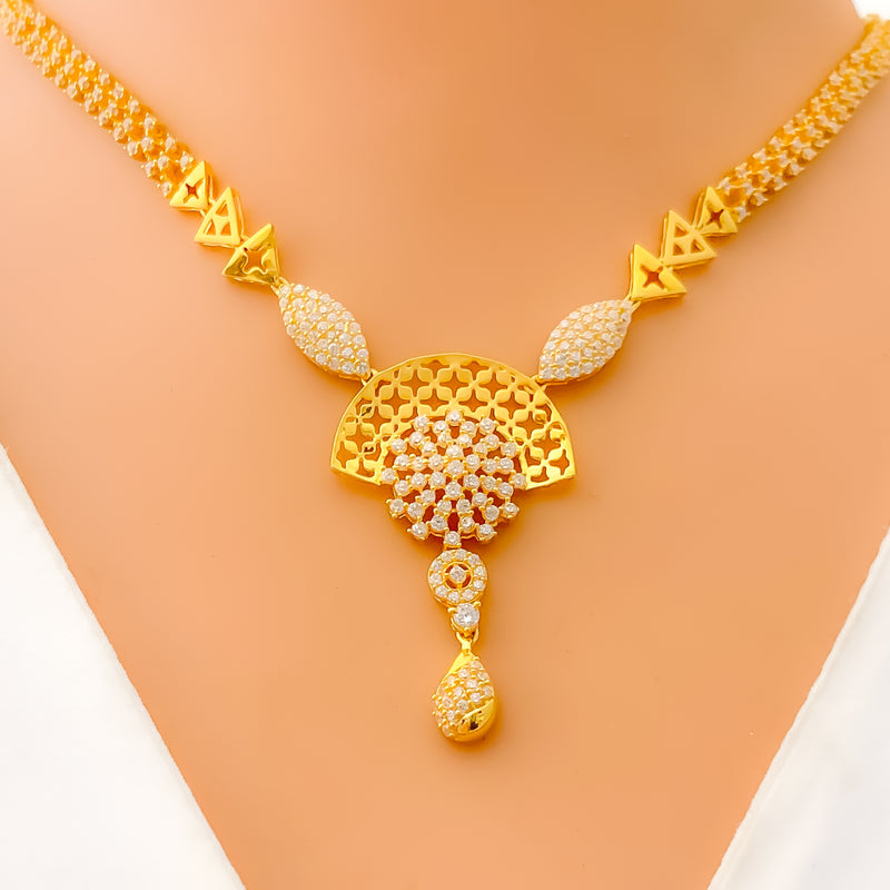 Embellished Twinkling Flower 22k Gold CZ Necklace Set 
