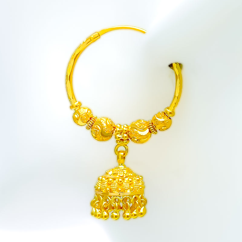 Traditional Textured 22K Gold Tasseled Jhumki Earrings 
