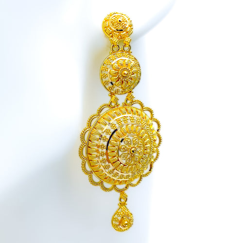 Elegant Domed Flower 22k Gold Heavy Hanging Earrings 