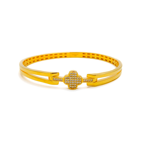 Elegant Sparkling 22k Gold Clover CZ Bangle Bracelet 