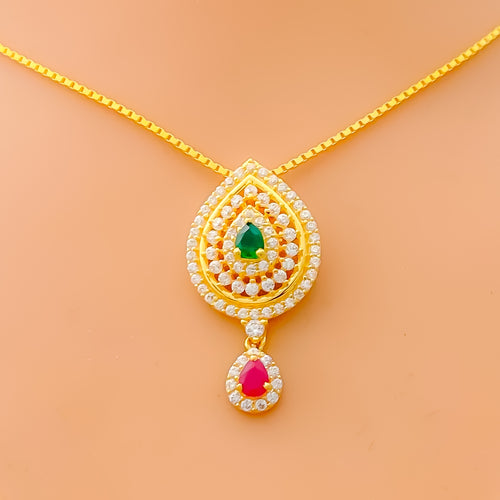 Impressive Dual Drop 22k Gold CZ Necklace Set 