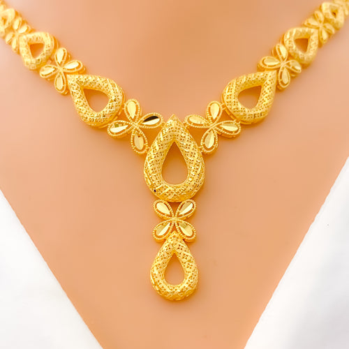 Netted Floral Drop 22K Gold Necklace Set 