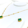 Ornate Dangling 21k Gold Malachite Clover Necklace Set 