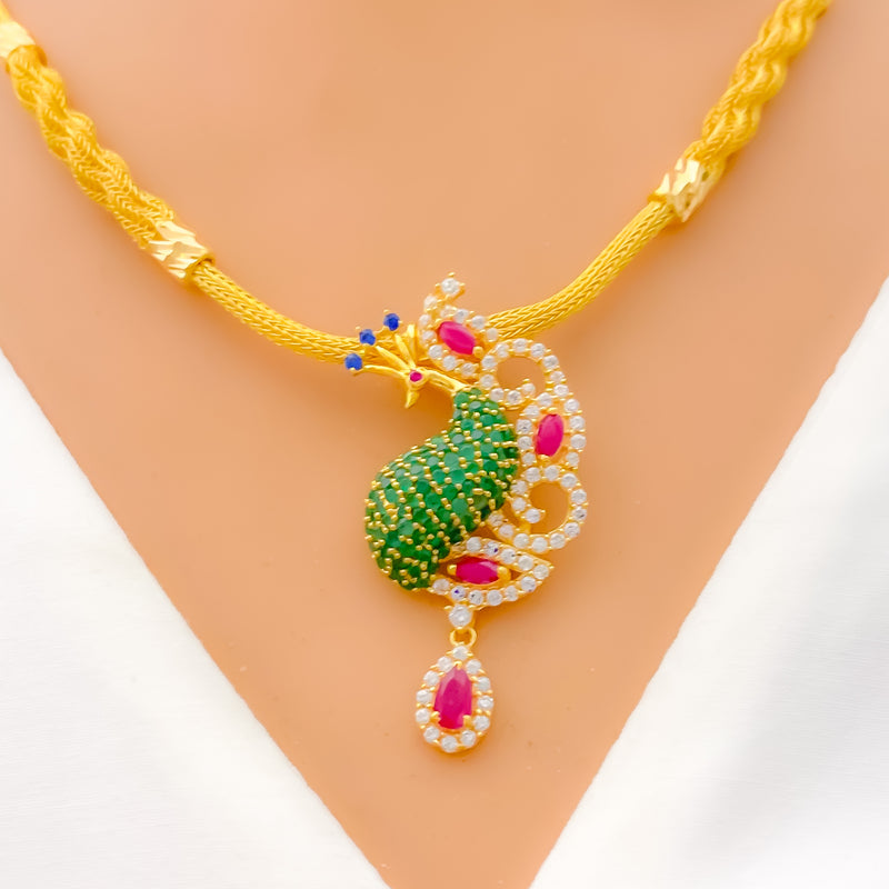 Festive 22k Gold CZ Peacock Necklace Set 