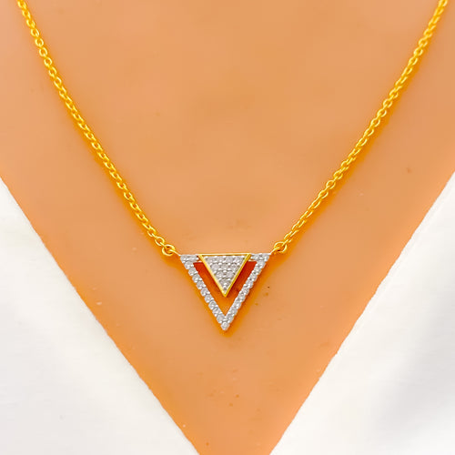 Ornate Triangle V Shaped Diamond + 18k Gold Necklace 