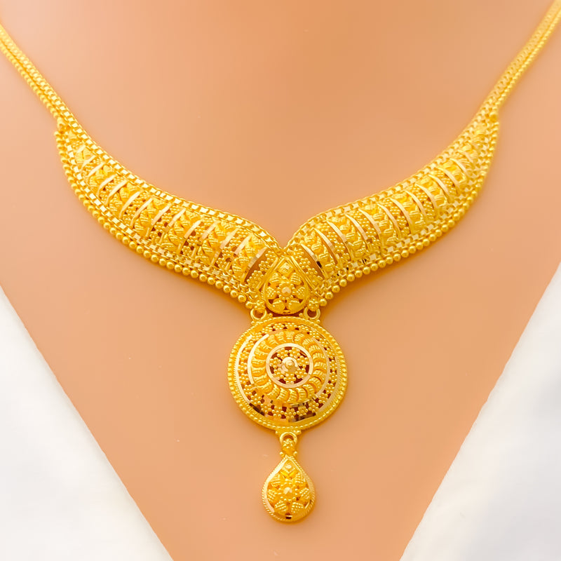 Magnificent V Shaped Dome Flower 22k Gold Necklace Set 